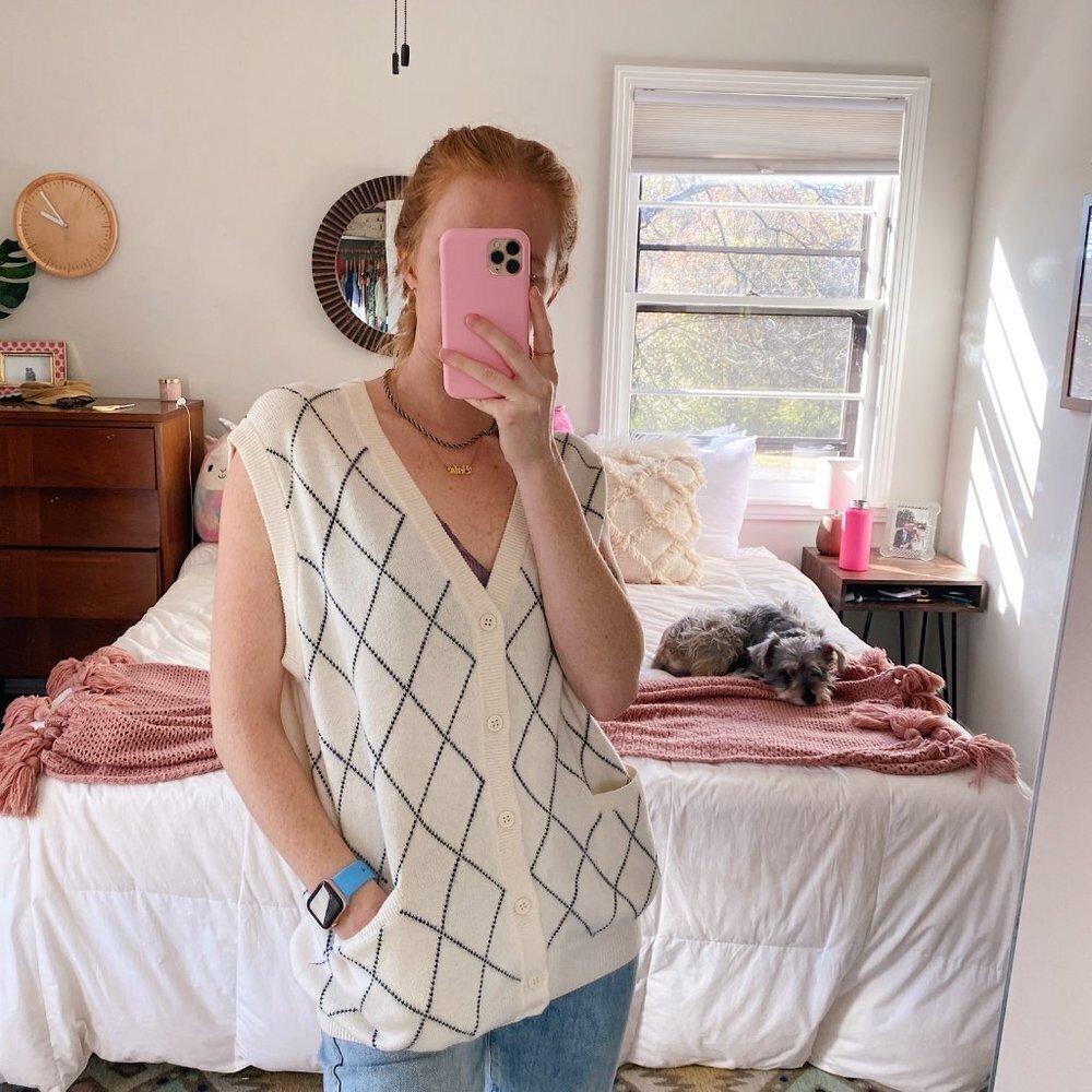 Y2k Minimal Cream Checked Button Up Sweater Vest - image 5